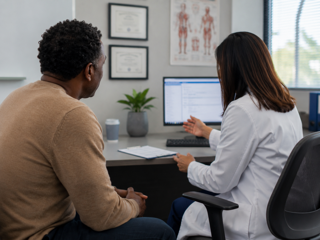 Patient discussing doctor-supervised GLP-1 weight loss treatment